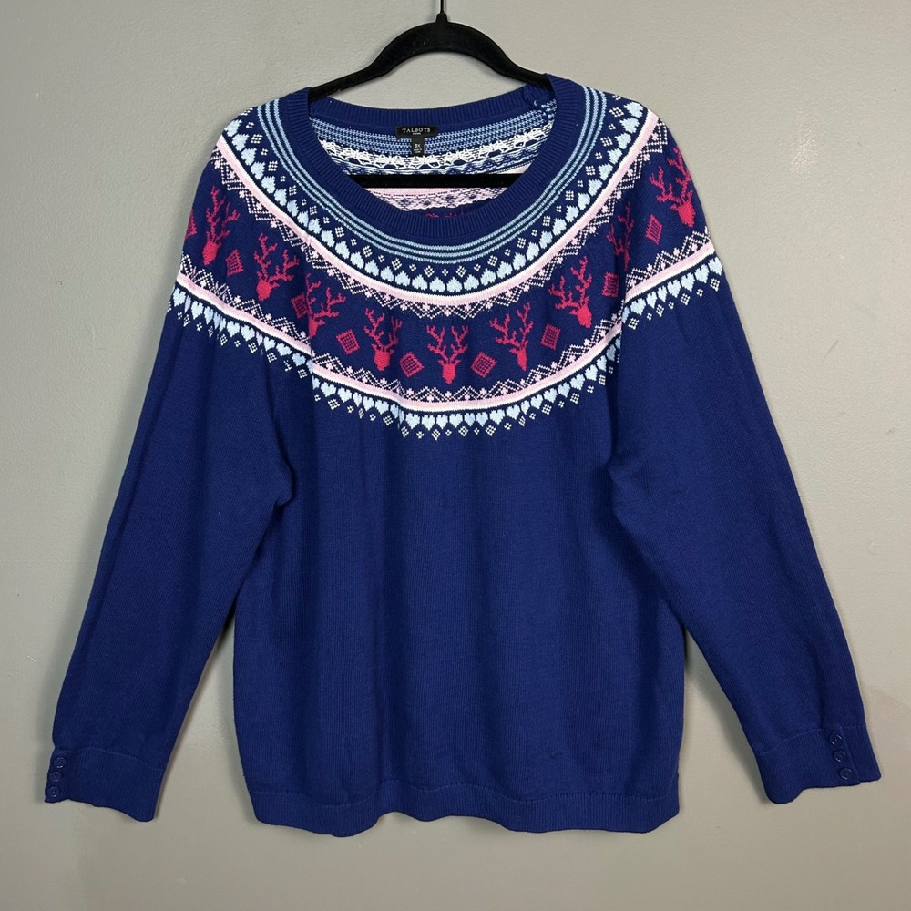 Talbots Sweater Women's 3X Fair‎ Isle Blue Christmas Reindeer Crew Neck Cotton
